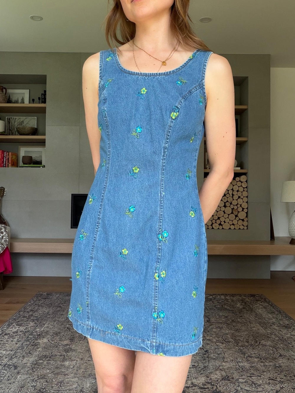 Vintage cotton Blue Denim Floral Embroidered Sleeveless Dress xs - small